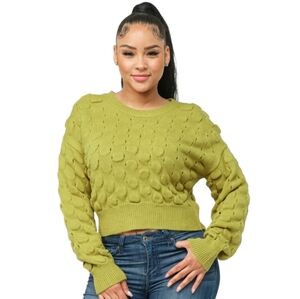 Cropped Olive Green Bubble Knit Sweater